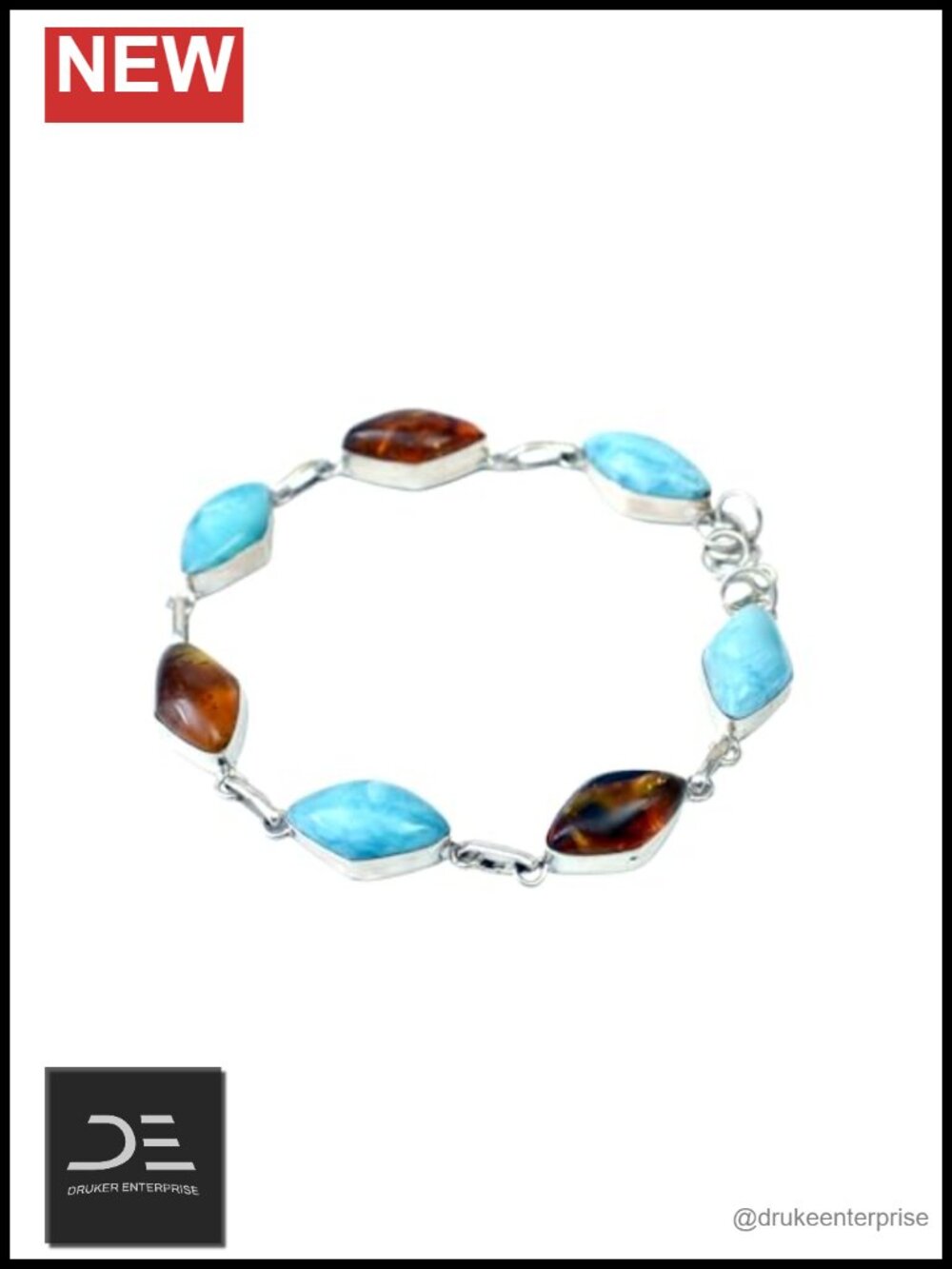 925 Sterling Silver Larimar Amber Cuff Bracelet Handcrafted 8 inch